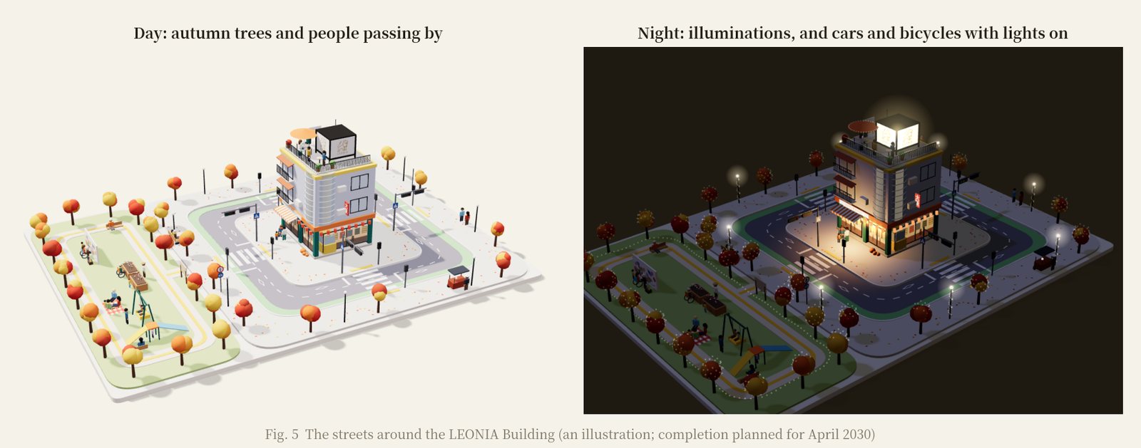 The streets around the LEONIA Building by day and by night