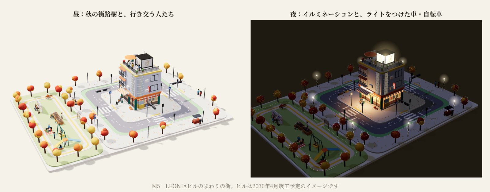 LEONIAビルのまわりの街の昼と夜